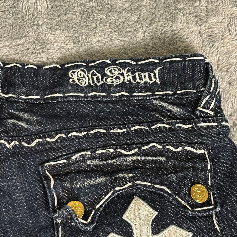 Old Skool Womens Straight Leg Jeans Dark Wash Thick White Contrast Stitch 11 - Picture 12 of 14